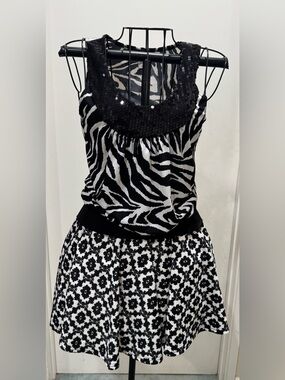 Black & White Zebra Sequin Neckline Top and  Skirt